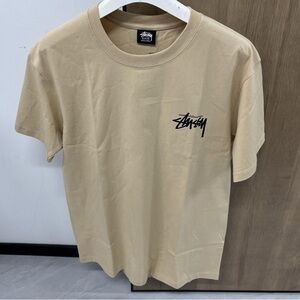 Stussy Beige Short Sleeve Tee with Black Script Logo